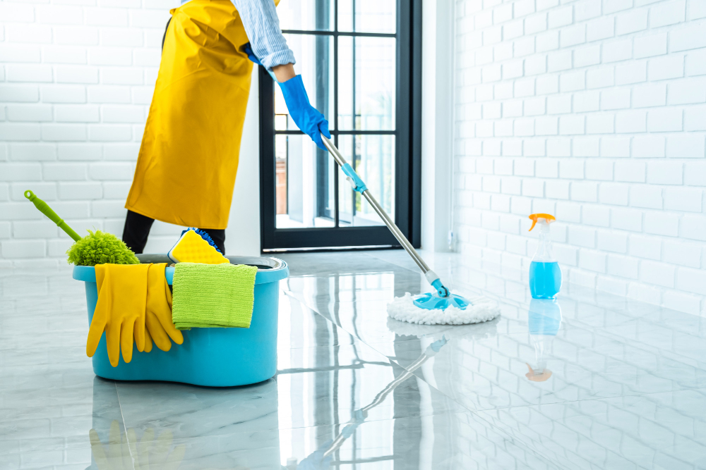 Happy Young Woman Blue Rubber Using Mop While Cleaning Floor Home